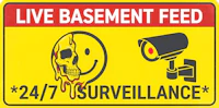 a live basement feed sign with a skull and a cctv