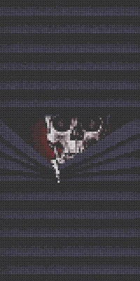 a pixelated image of a skull peeking out of a window